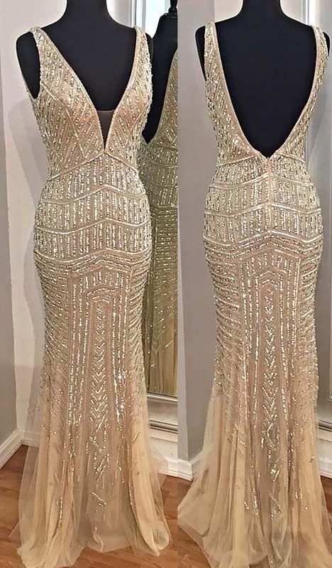 champagne deep v-neck prom dresses, sexy deep v-neck evening gowns with beading, backless prom party dresses  cg7242