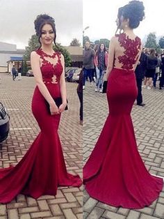 Beautiful Prom Dresses, Trumpet/Mermaid Sleeveless Scoop Sweep/Brush Train Applique Satin Dresses  cg7270