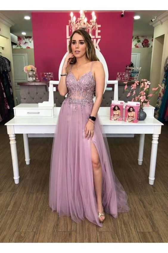 Tulle Spaghetti Straps With Applique Prom Dresses   cg7287
