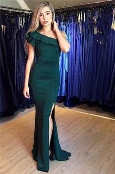 One-Shouler Dark Green Mermaid Prom Dresses with Side-Slit   cg7295