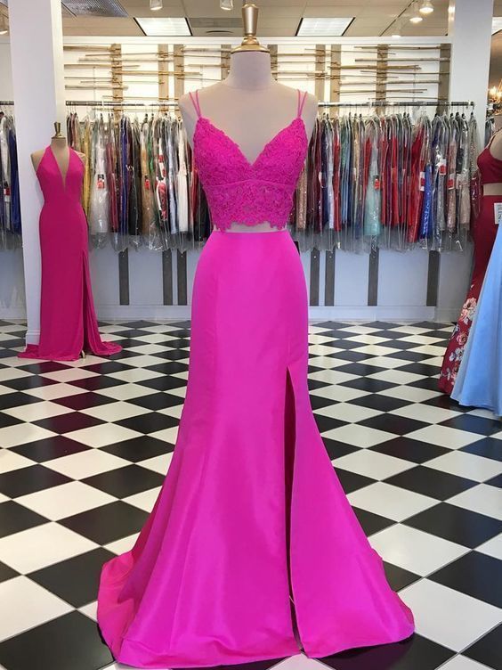 Fuchsia V Neck Two Pieces Mermaid Lace Top Satin Long Prom Dress with Slit, Mermaid Lace Fuchsia Formal Graduation Evening Dresses  cg7303