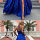 royal blue prom dress,v-neck prom dress,satin prom dress,slit side evening dress  cg7343