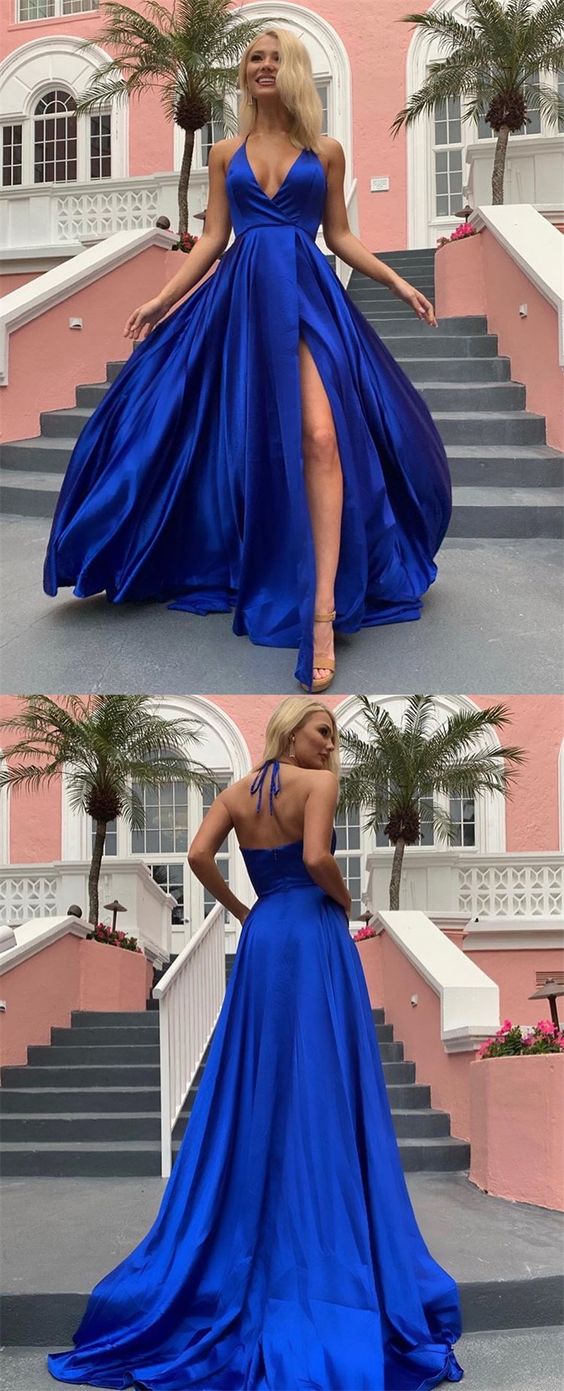 royal blue prom dress,v-neck prom dress,satin prom dress,slit side evening dress  cg7343