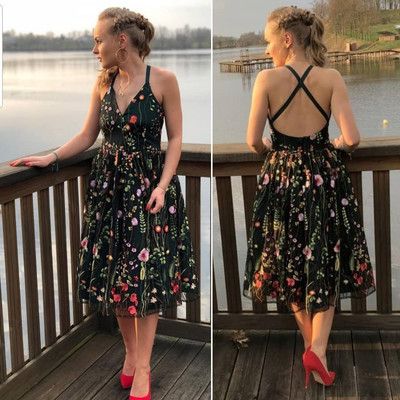 Tea Length Floral Black prom  Dress with Cross Back  cg7344