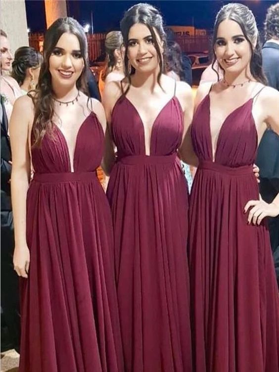 Deep V neck A Line Spaghetti Straps Burgundy Bridesmaid prom Dresses  cg7346