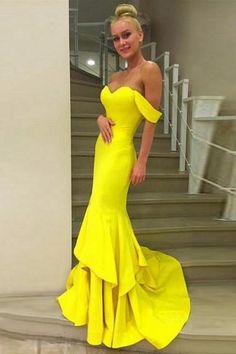 Lovely Yellow Mermaid Prom Dresses Sweetheart Off The Shoulder Long Party Dresses Satin Sexy Formal Gowns  cg7355