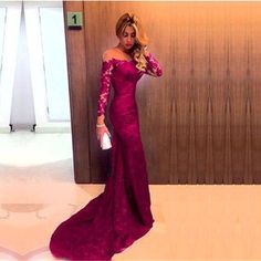 Sheer Neckline Long Sleeves Lace Prom Dresses Mermaid Evening Gowns Fashion Prom Dress  cg7386