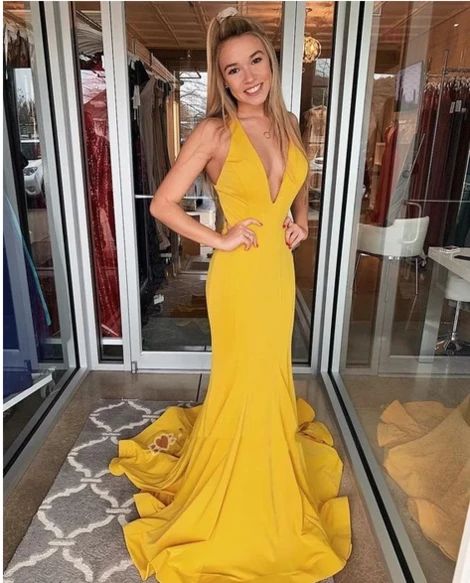Gorgeous V Neck Mermaid Evening Dress Yellow Prom Dress  cg7395