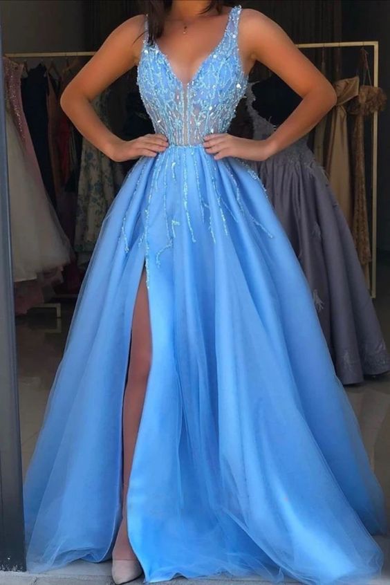 V Neck Slit Side Blue Prom Dresses with Beaded  cg7401