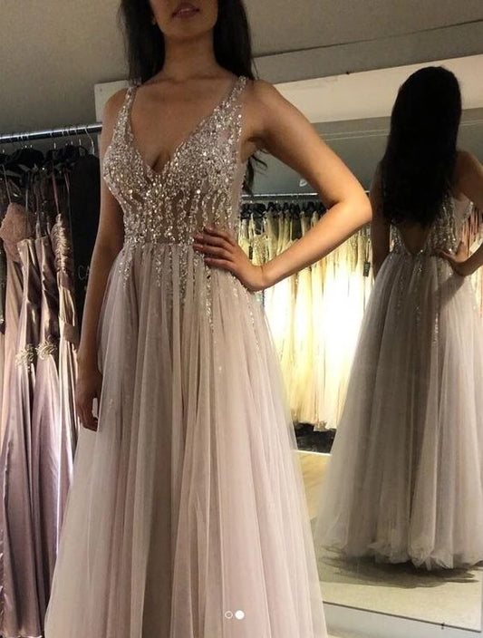 V-neck Long Prom Dress with Beading,Fashion School Dance Dress,Winter Formal Dress  cg7411