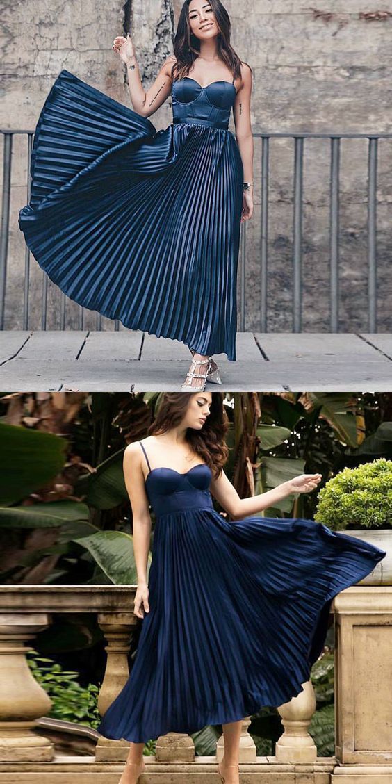 A-Line Spaghetti Straps Dark Blue Pleated Prom Dress  cg7436