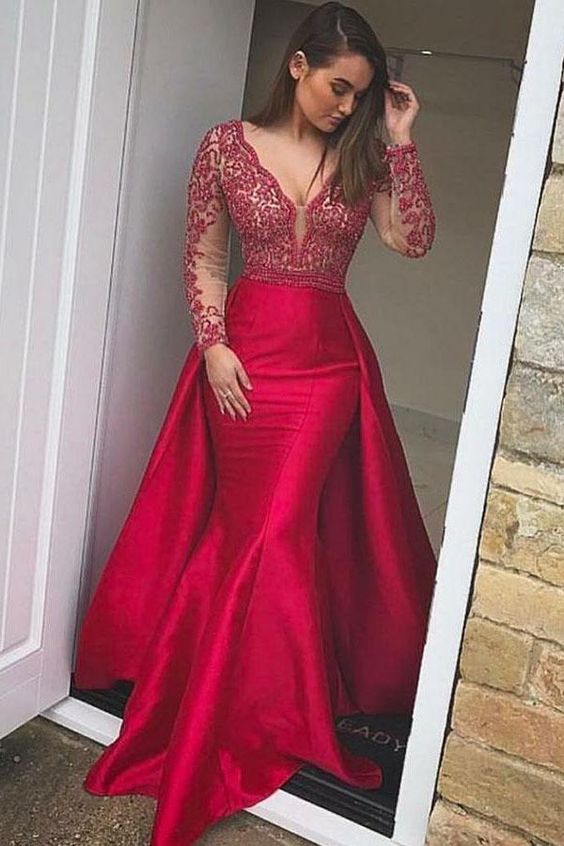 Elegant Mermaid Long Red Long Sleeve Beading V Neck Lace Satin Backless Prom Dresses  cg7456