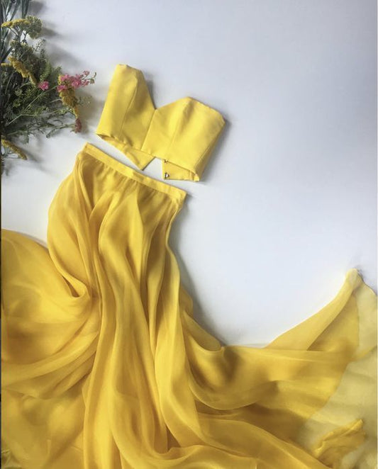 Bright Yellow Strapless Crop Top Two Pieces Long Prom Dresses Party Dresses  cg7473