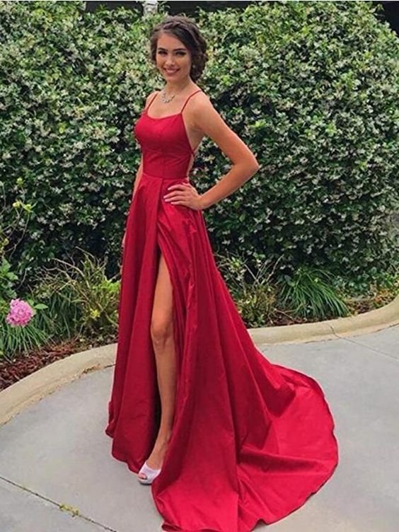 Red Sexy Side Slit Spaghetti Straps Cheap Long Evening Prom Dresses, Cheap Sweet 16 Dresses  cg7480