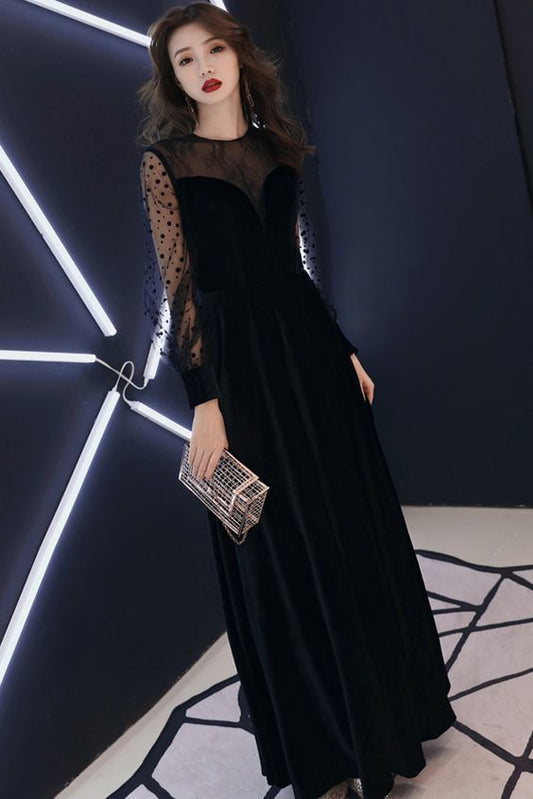 Elegant Black Long Sleeves Floor Length Round Neck Long Prom Dress  cg7484