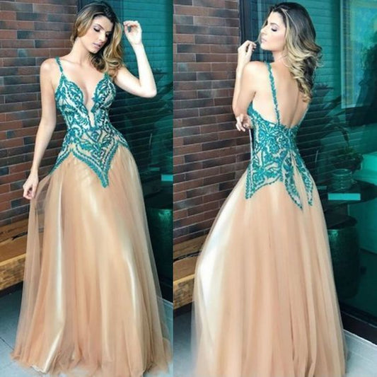 Tulle Spaghetti Straps Prom Dress, Applique Backless Prom Dress, A-Line Prom Dress  cg7490