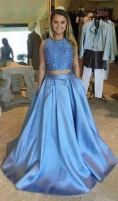 Two Piece Round Neck Light Sky Blue Open Back Prom Dress with Beading Pockets  cg7498