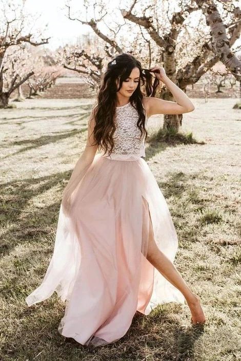 Round Neck Tulle Two Piece Pink Boho Prom Dresses with Slit   cg7503