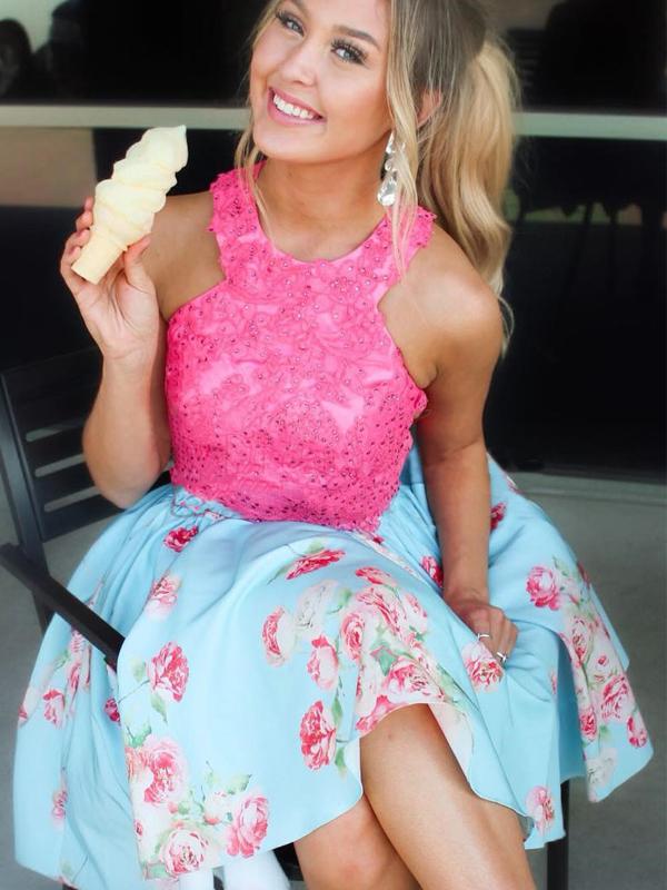 Pink Lace Blue Floral Satin Halter Homecoming Dresses cg751