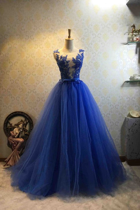 Royal blue tulle round neck see-through lace applique A-line prom dresses  cg7511