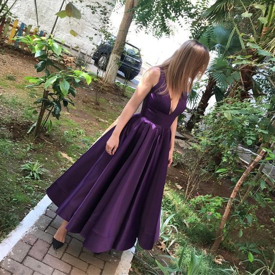 Simple Purple Satin Ankle Length Prom Dress Sleeveless Short Party Gown   cg7513