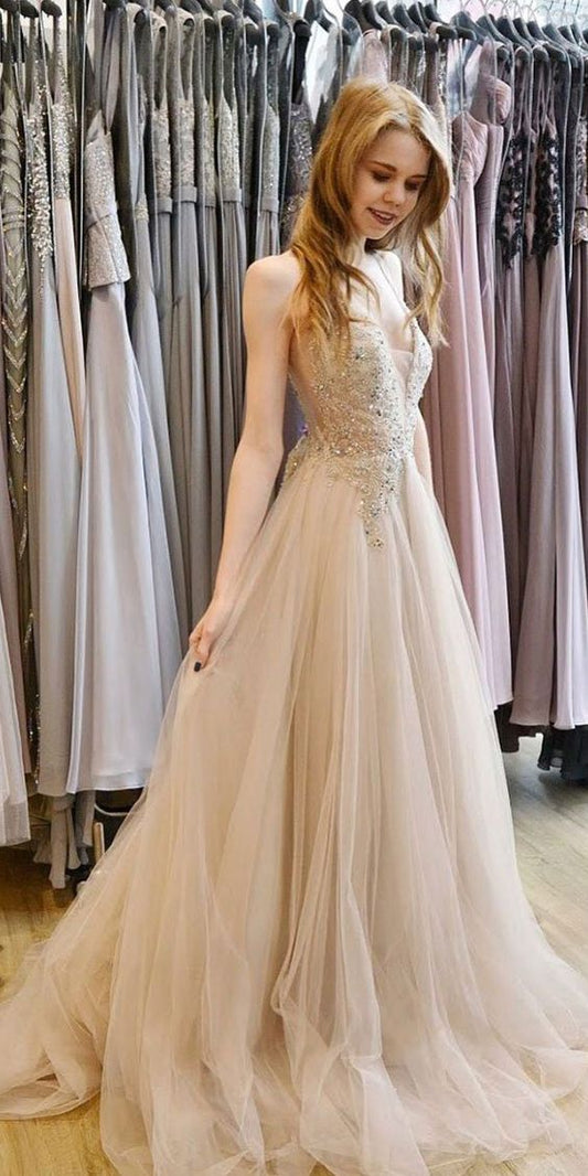 Light Champagne Tulle Lace Beaded V Neck Long Pageant Prom Dress  cg7514