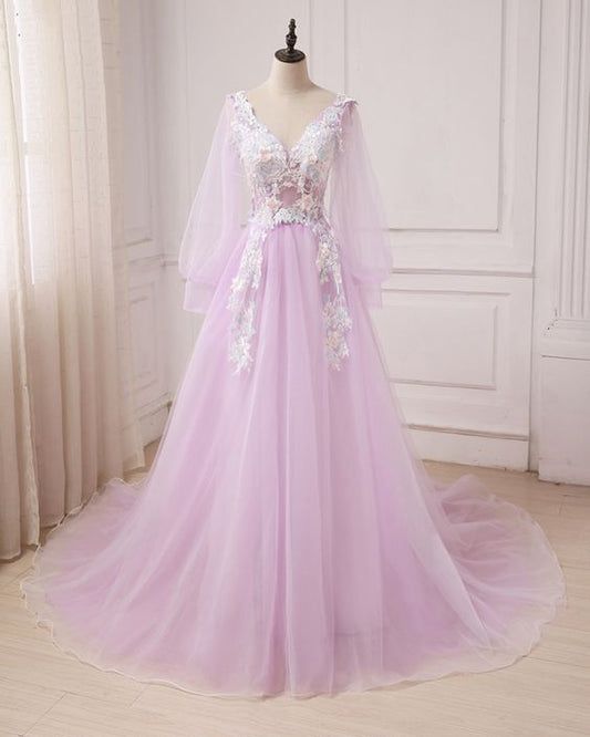 Tulle V Neck,Long Sleeve, A-line Customize Prom Dress, Long Formal Dress ,Lace Appliques Prom Dresses  cg7518