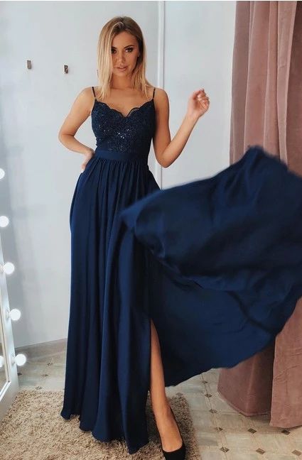 Navy Prom Dress with Slit, Evening Dress ,Winter Formal Dress, Pageant Dance Dresses, Graduation School Party Gown  cg7520