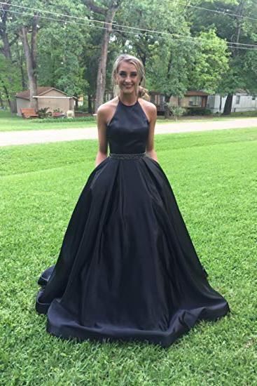 A line Halter Navy Blue Beads Prom Dresses with Pockets Long Evening Dresses  cg7524