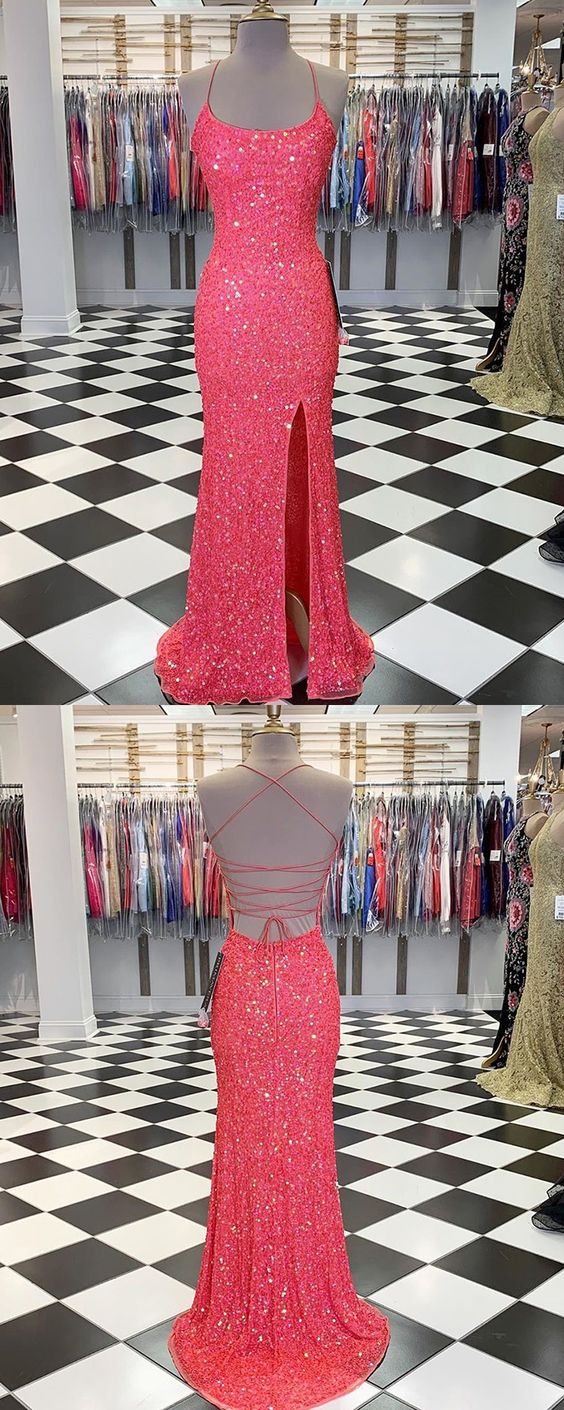 Spaghetti Straps Coral Pink Sequin Mermaid Prom Dress with Slit  cg7528