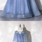 Blue Sequins Tulle Dress, Blue Round Neck A Line Customize Long Prom Dress  cg7534