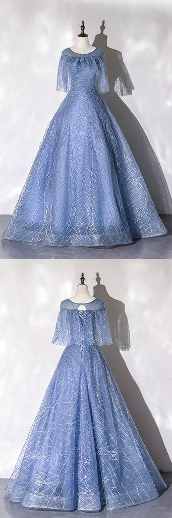 Blue Sequins Tulle Dress, Blue Round Neck A Line Customize Long Prom Dress  cg7534