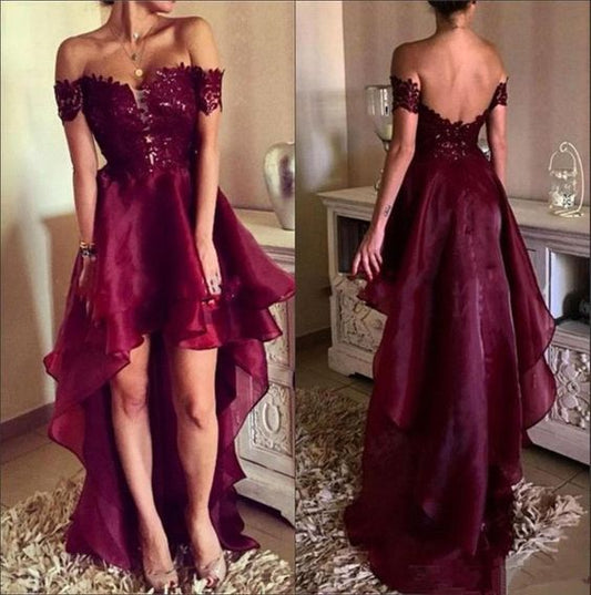 Fashion Off-The-Shoulder Backless Burgundy Organza High Low Prom Dress With Lace  cg7536