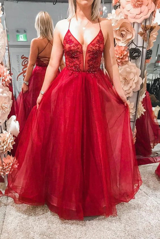 Elegant Lace-Up Back A-Line Beaded Red Long Prom Dress  cg7538