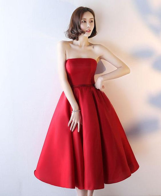 Simple red strapless tea length prom dress, red evening dress  cg7540