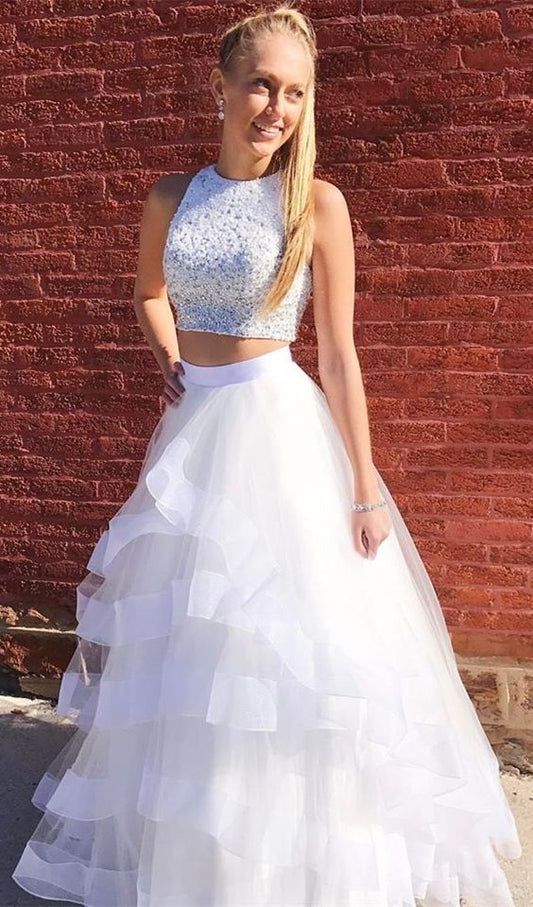 elegant two piece white tulle prom dress with beading, fashion tiered beaded evening dress  cg7546