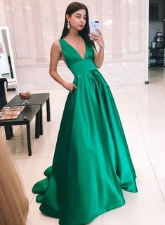 Green v neck satin long prom dress, simple evening dress  cg7549