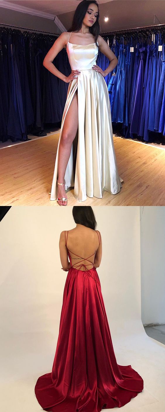 Simple Spaghetti Straps White Satin Pleated Prom Dress with Side Slit  cg7556