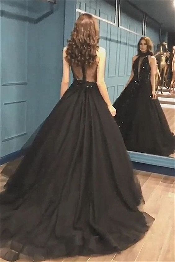 Sexy Ball Gown High Neck Black Tulle V Neck Sequins Party Dresses, Prom Dresses  cg7566
