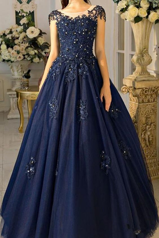 A Line Lace Appliques Navy Blue Cap Sleeves Prom Dresses Formal Evening Fancy Dress Gowns,prom dress  cg7580