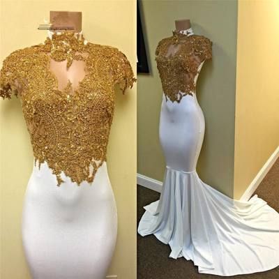 White Gold Prom Dress,Mermaid Cap-Sleeve Prom Dresses  cg7582