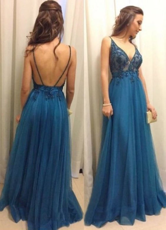 A-Line Spaghetti Straps Blue Tulle Prom Dress With Appliques   cg7584