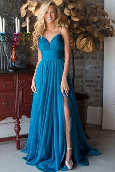A-Line Spaghetti Straps Sweep Train Turquoise Chiffon Prom Dress with Split   cg7585