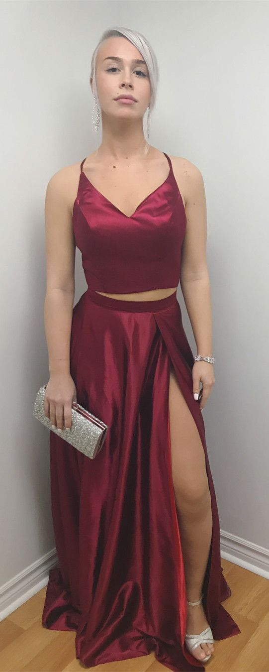 Sexy Straps Two Piece Wine Red Satin Long Prom Dress With Side Slit  cg7593