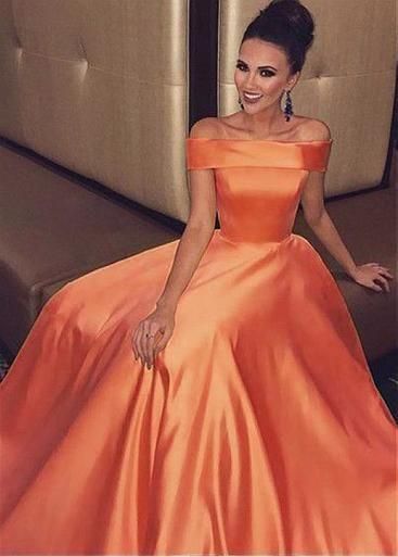 Satin Off-the-shoulder Orange Long A-line Evening prom Dress  cg7594