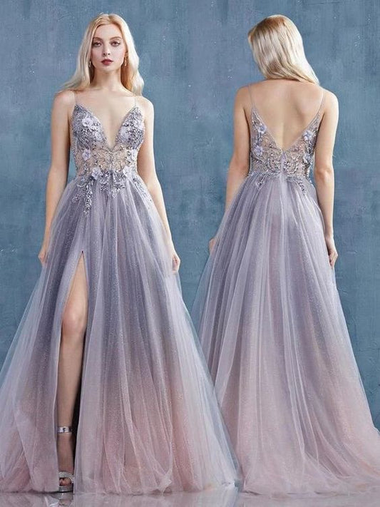 A-line Spaghetti Straps Beaded Long Prom Dresses Tulle Evening Dress  cg7596