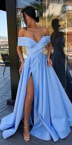 A-Line Sky Blue Satin Off-the-Shoulder High Split Long Prom Dress with Pockets   cg7602