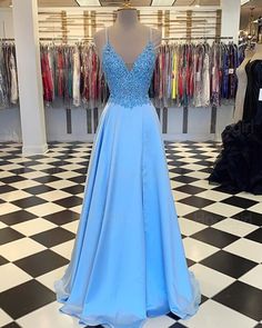 Spaghetti Straps Cyan Lace Bodice Satin Prom Dress with Slit   cg7608