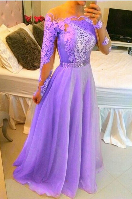 Long Sleeve Lace Appliques A Line Prom Dress, Long Evening Party Dress  cg7619