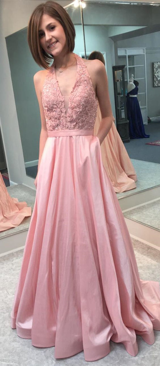 gorgeous halter prom dress, A-Line long prom dress, pink satin prom dress   cg7628